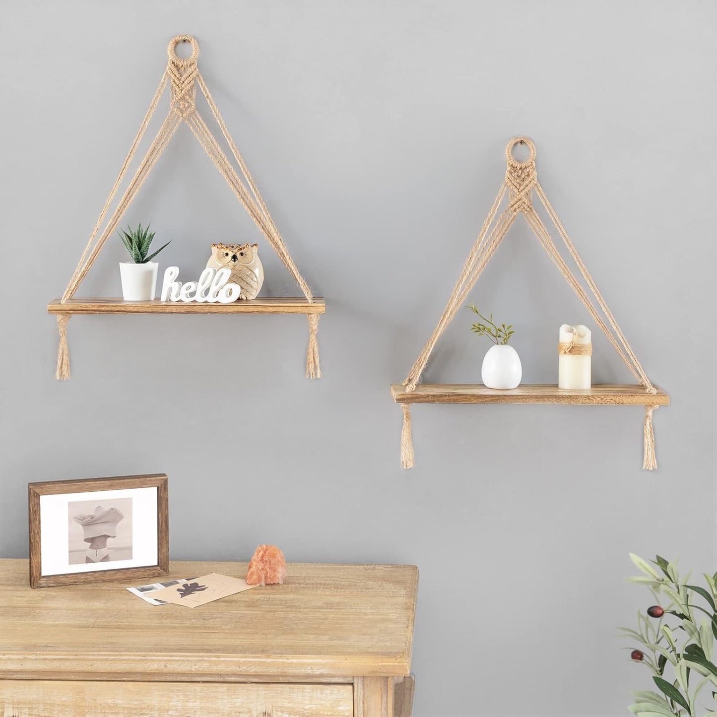 Mkono Macrame Hanging Shelves Boho Wall Decor Set of 2 and Fake Hanging Plants in Farmhouse Galvanized Pots