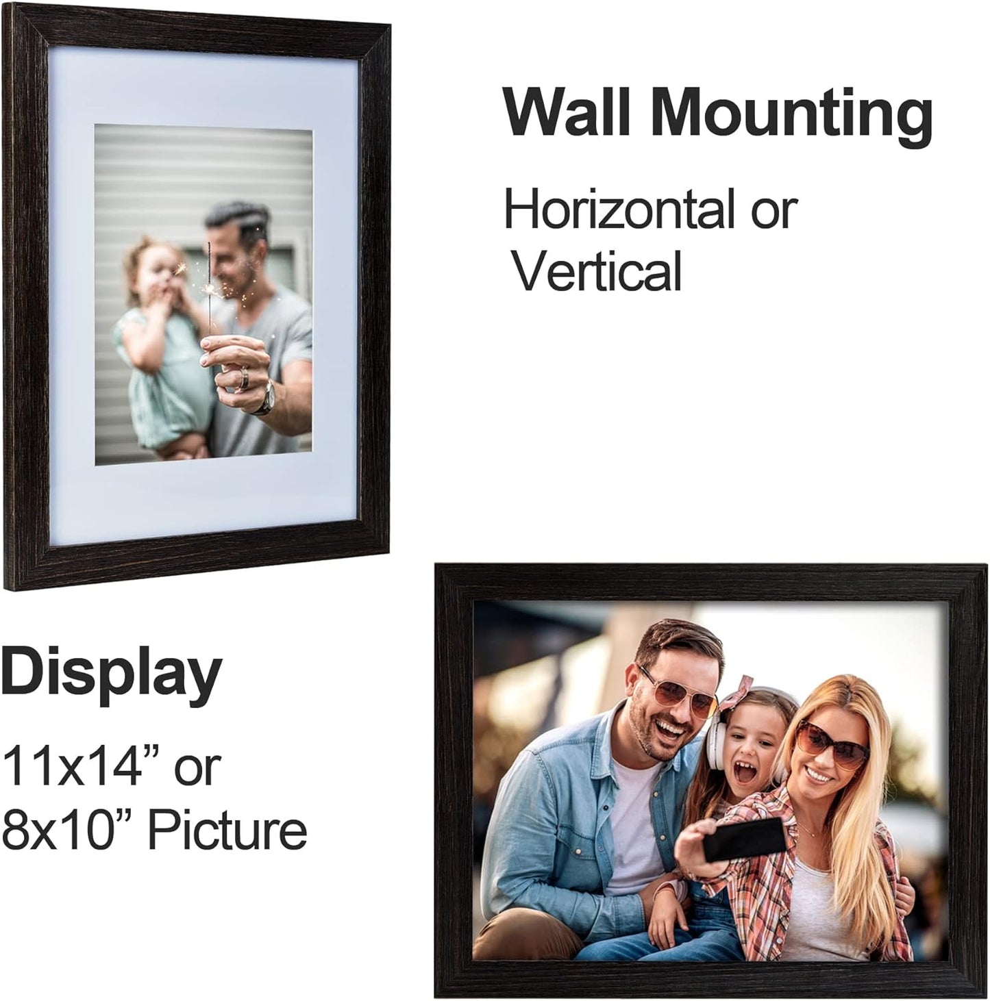 Yaetm 11x14 Wooden Picture Frame with Mat 8x10, Rustic Solid Wood Frame with High Definition Real Glass, Farmhouse Distressed Black Wood Photo Frames for Wall Mount, Set of 2