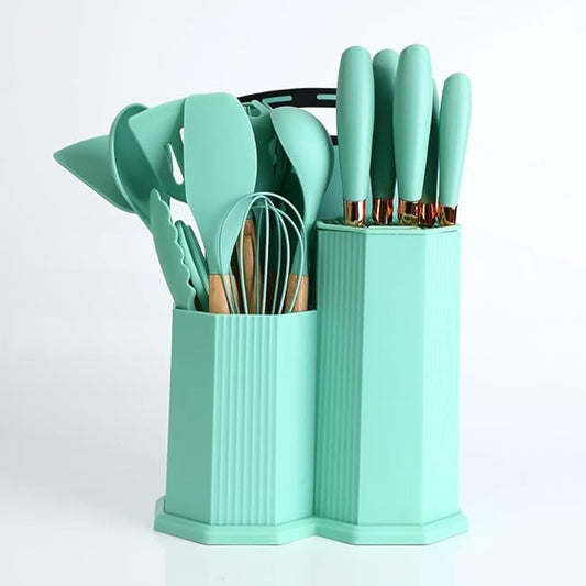 Cooking Utensils Set, 19 PCS Silicone Kitchen Utensils Set with Holder and Kitchen Knife Set for Cooking, Non-stick Heat Resistan Kitchen Tools and Gadgets with Wooden Handle (Light Green)