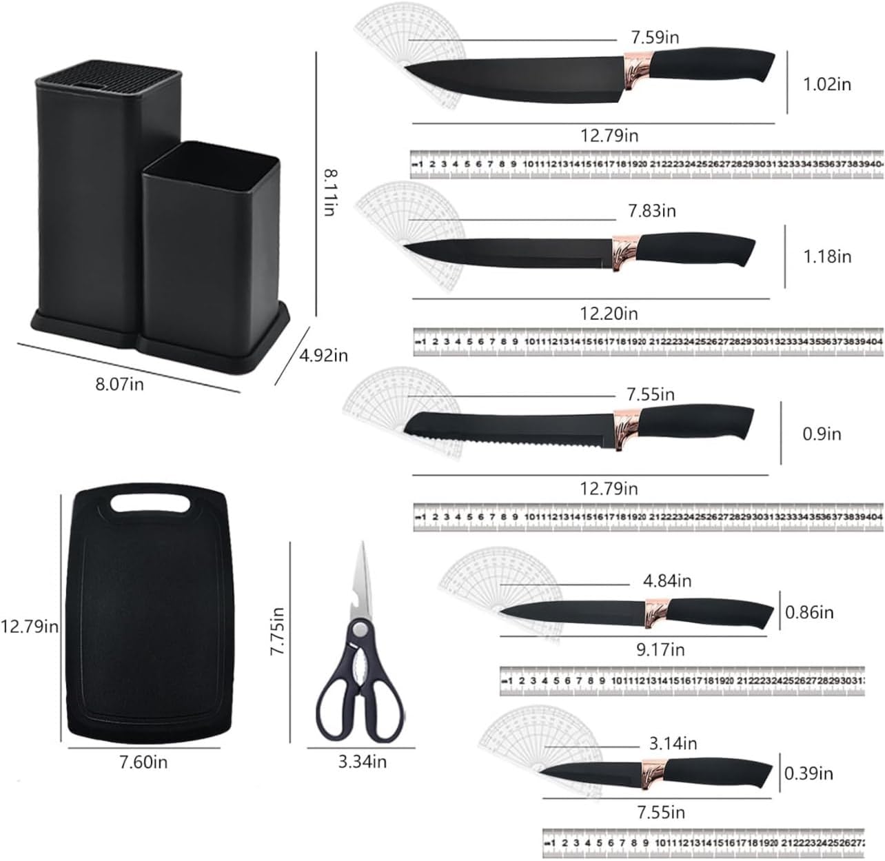 19 Piece Kitchenware Utensils and Knife Set- includes: 9 Piece Silicone Cooking Utensils- 5 Piece Sharp Stainless Steel Chef Knives- Scissors -Whisk Tongs and Cutting Board (Black)