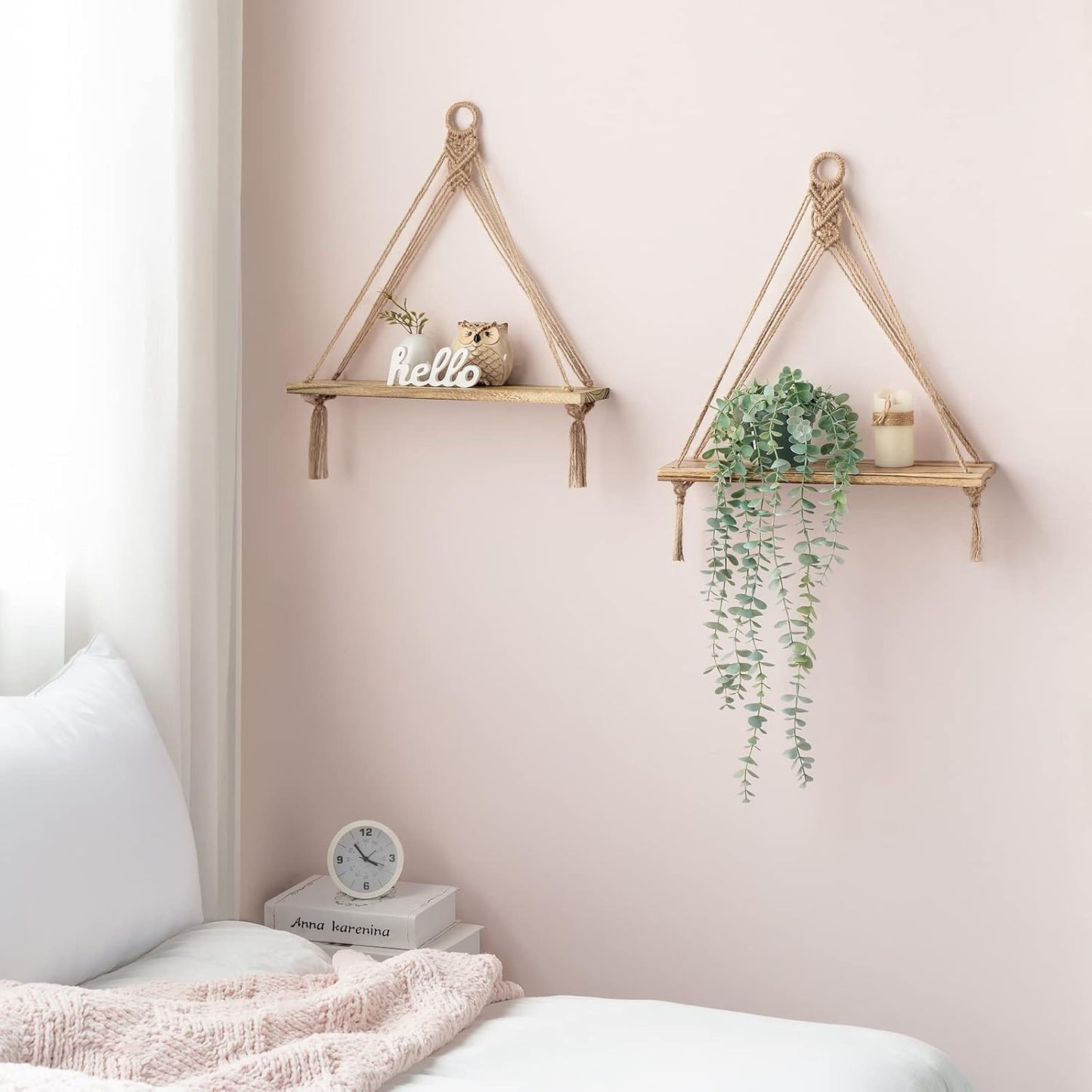 Mkono Macrame Hanging Shelves Boho Wall Decor Set of 2 and Fake Hanging Plants in Farmhouse Galvanized Pots
