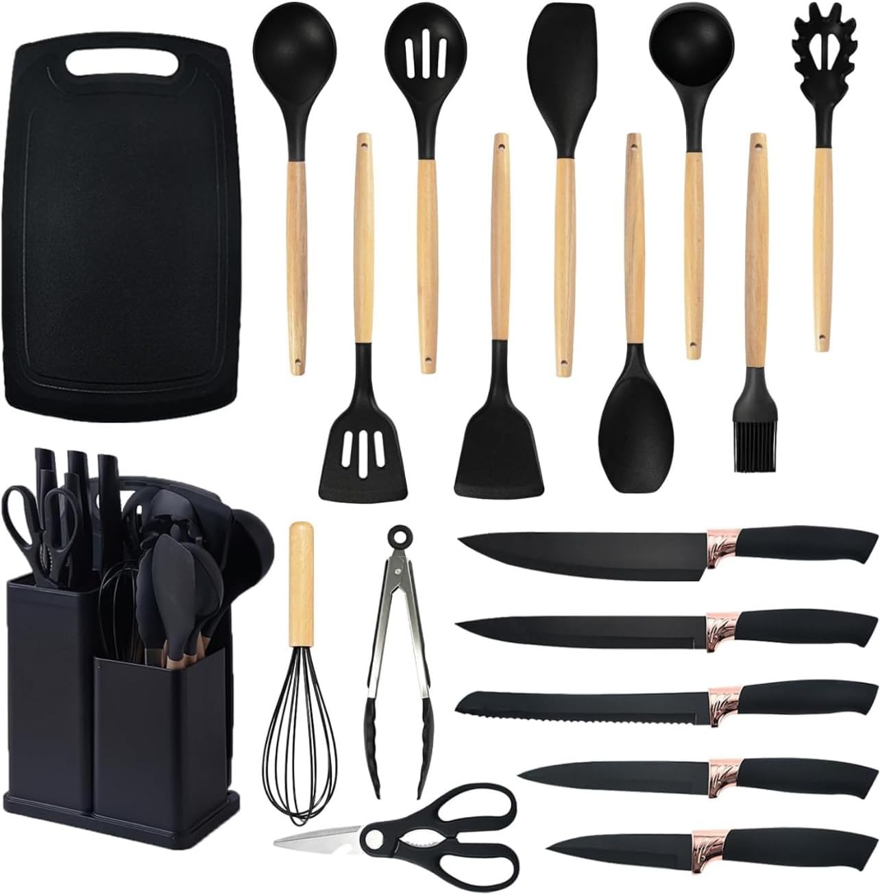 19 Piece Kitchenware Utensils and Knife Set- includes: 9 Piece Silicone Cooking Utensils- 5 Piece Sharp Stainless Steel Chef Knives- Scissors -Whisk Tongs and Cutting Board (Black)