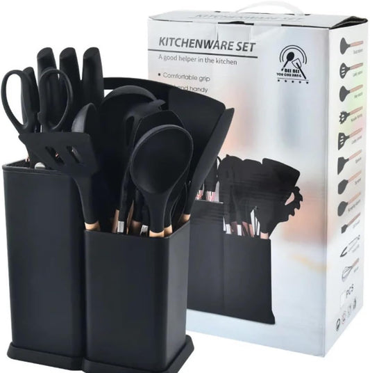 19 Piece Kitchenware Utensils and Knife Set- includes: 9 Piece Silicone Cooking Utensils- 5 Piece Sharp Stainless Steel Chef Knives- Scissors -Whisk Tongs and Cutting Board (Black)