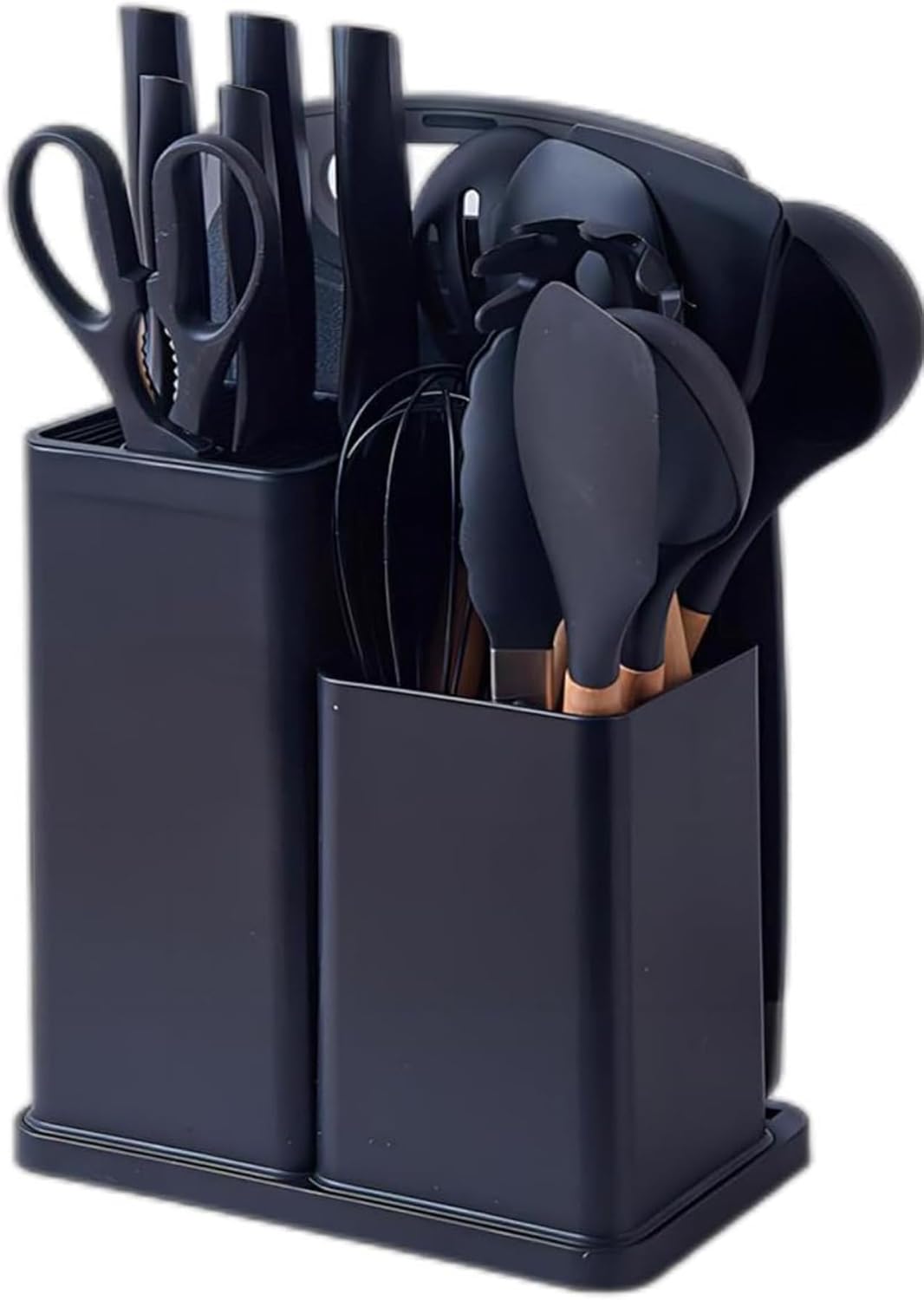 19 Piece Kitchenware Utensils and Knife Set- includes: 9 Piece Silicone Cooking Utensils- 5 Piece Sharp Stainless Steel Chef Knives- Scissors -Whisk Tongs and Cutting Board (Black)