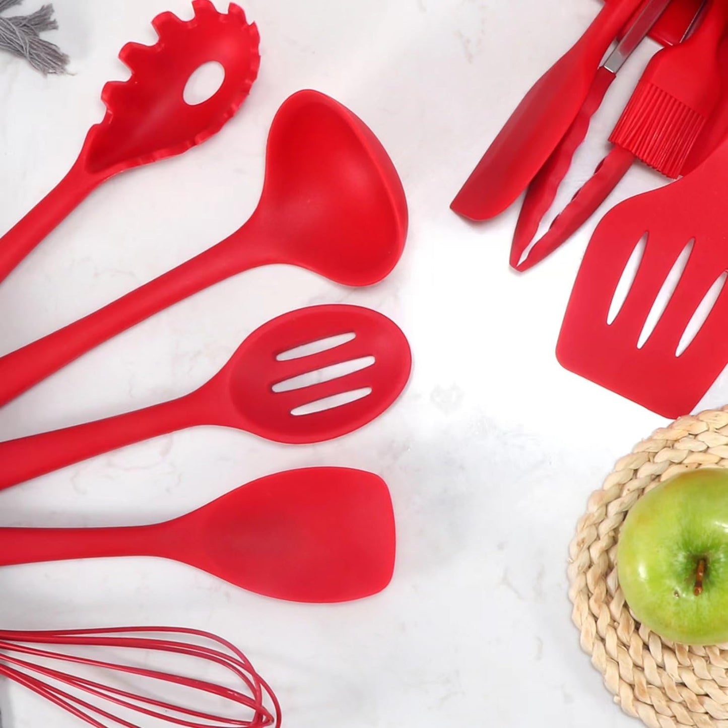 10 Pcs Silicone Cooking Kitchen Utensils Set，BPA FREE Gadgets for Non-Stick Cookware (Red), 10.63*2.56