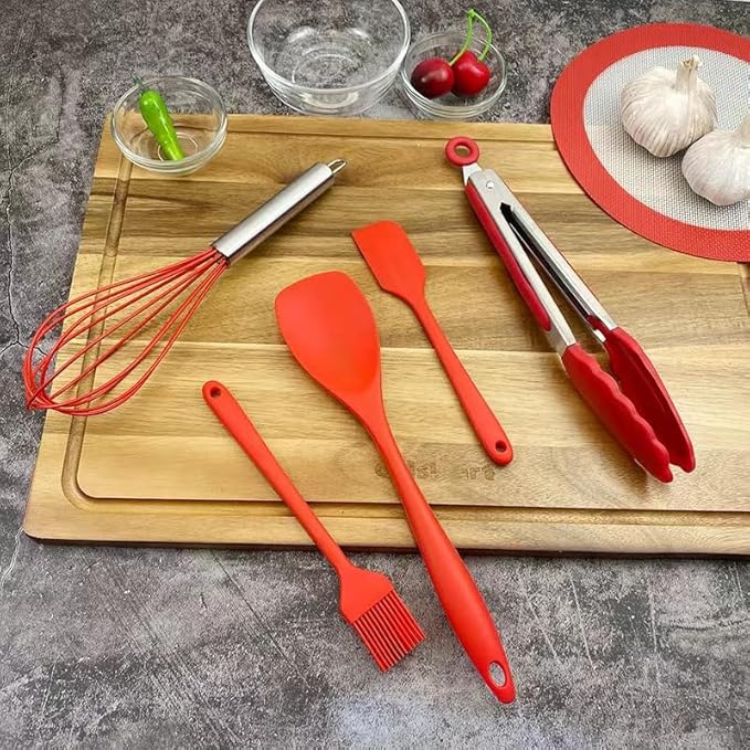 10 Pcs Silicone Cooking Kitchen Utensils Set，BPA FREE Gadgets for Non-Stick Cookware (Red), 10.63*2.56