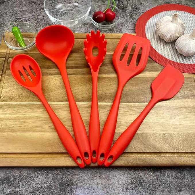 10 Pcs Silicone Cooking Kitchen Utensils Set，BPA FREE Gadgets for Non-Stick Cookware (Red), 10.63*2.56
