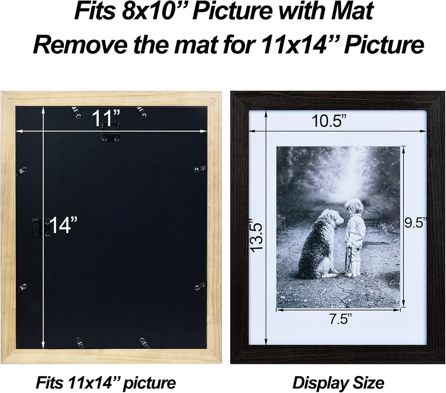 Yaetm 11x14 Wooden Picture Frame with Mat 8x10, Rustic Solid Wood Frame with High Definition Real Glass, Farmhouse Distressed Black Wood Photo Frames for Wall Mount, Set of 2