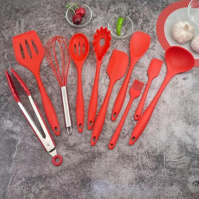 10 Pcs Silicone Cooking Kitchen Utensils Set，BPA FREE Gadgets for Non-Stick Cookware (Red), 10.63*2.56